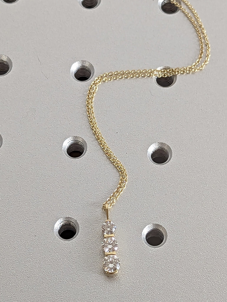 14k Gold Moissanite Vertical Necklace | Triple Diamond Simulant Pendant in 14k Gold | 14k Solid Gold Trio Moissanite Necklace for Women