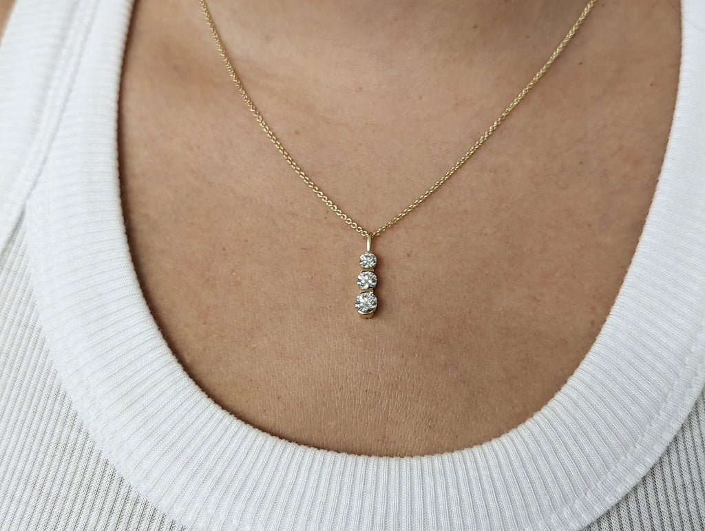 14k Gold Lab Diamond Vertical Necklace | Triple Lab Diamond Pendant in 14k Gold | 14k Solid Gold Trio Lab Diamond Necklace for Women