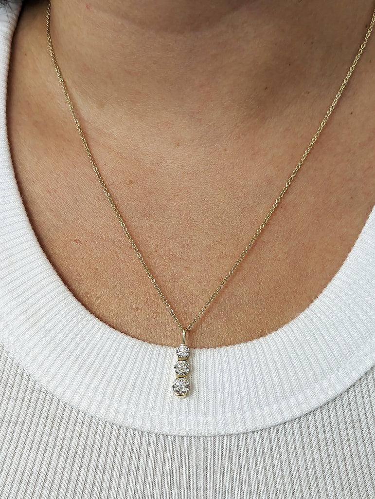 14k Gold Lab Diamond Vertical Necklace | Triple Lab Diamond Pendant in 14k Gold | 14k Solid Gold Trio Lab Diamond Necklace for Women