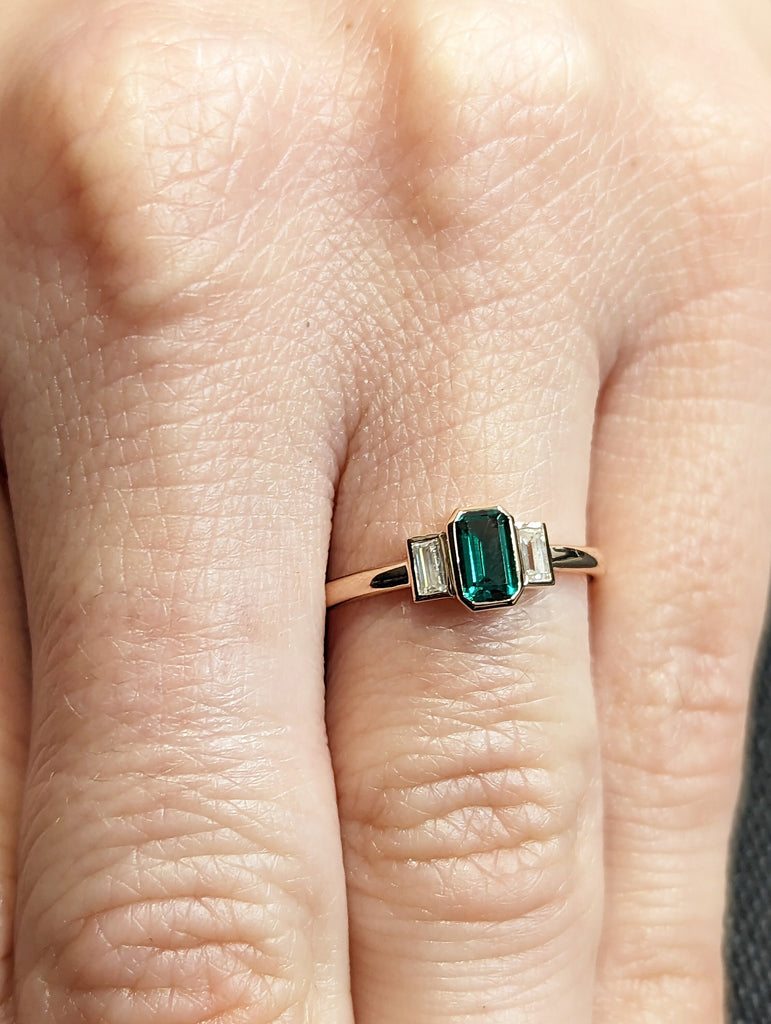 Emerald baguette ring 14k gold Emerald Ring Baguette Emerald Ring 14k Solid Gold Minimalist Emerald Ring Stacking Three Stone Emerald Ring