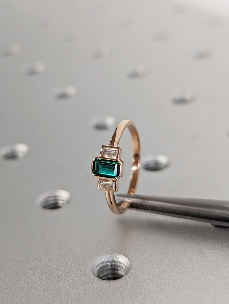 Emerald baguette ring 14k gold Emerald Ring Baguette Emerald Ring 14k Solid Gold Minimalist Emerald Ring Stacking Three Stone Emerald Ring
