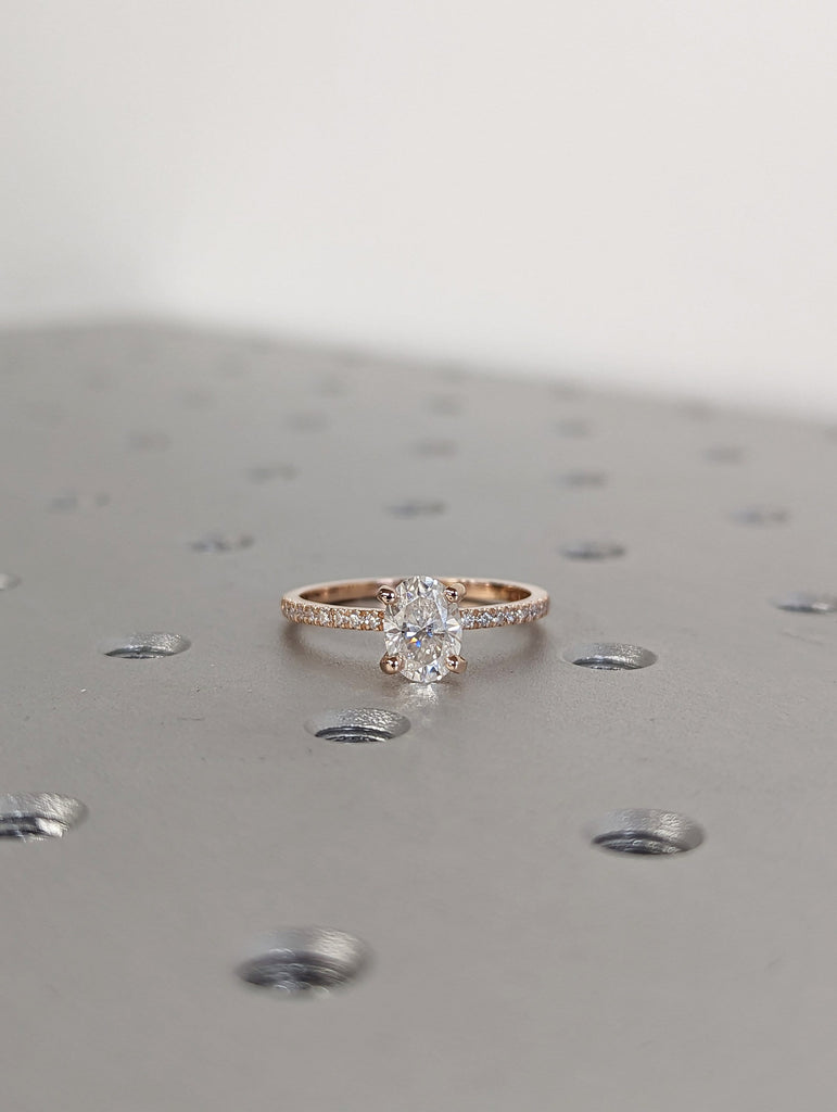 1cts Moissanite Oval Engagement Ring, Oval Moissanite and Diamond Solitaire Wedding Ring, Rose Gold Moissanite Ring