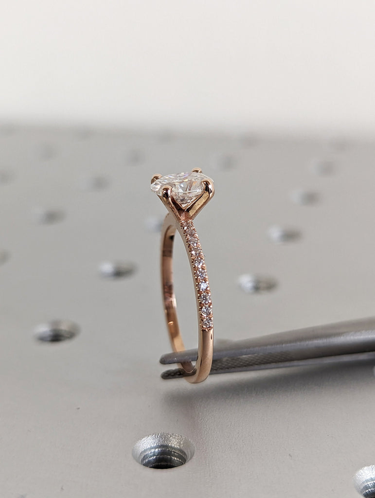 1cts Moissanite Oval Engagement Ring, Oval Moissanite and Diamond Solitaire Wedding Ring, Rose Gold Moissanite Ring