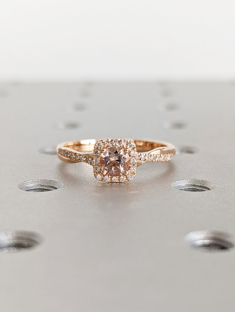 Twisted Vine Morganite Ring- 18K Solid Rose Gold Ring- Round Morganite Engagement Ring- Promise Ring- Diamond Halo- Vintage Morganite Ring