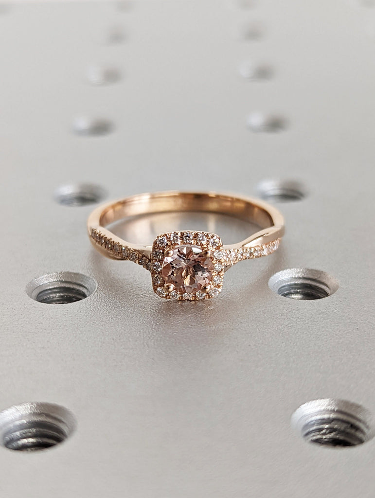 Twisted Vine Morganite Ring- 18K Solid Rose Gold Ring- Round Morganite Engagement Ring- Promise Ring- Diamond Halo- Vintage Morganite Ring