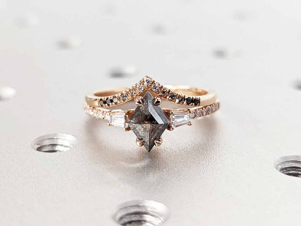 1Ct Kite Rhombus Cut Wedding Set in Rose Gold , Salt and Pepper Bridal Set, Salt and pepper Kite Cut Bridal Set, Vintage Diamond bridal Set
