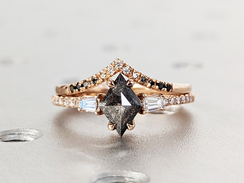 1Ct Kite Rhombus Cut Wedding Set in Rose Gold , Salt and Pepper Bridal Set, Salt and pepper Kite Cut Bridal Set, Vintage Diamond bridal Set