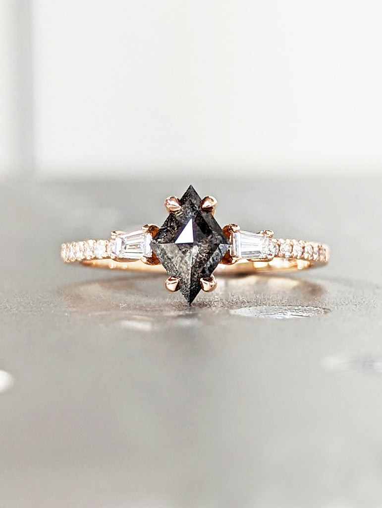 1Ct Kite Rhombus Cut Wedding Set in Rose Gold , Salt and Pepper Bridal Set, Salt and pepper Kite Cut Bridal Set, Vintage Diamond bridal Set