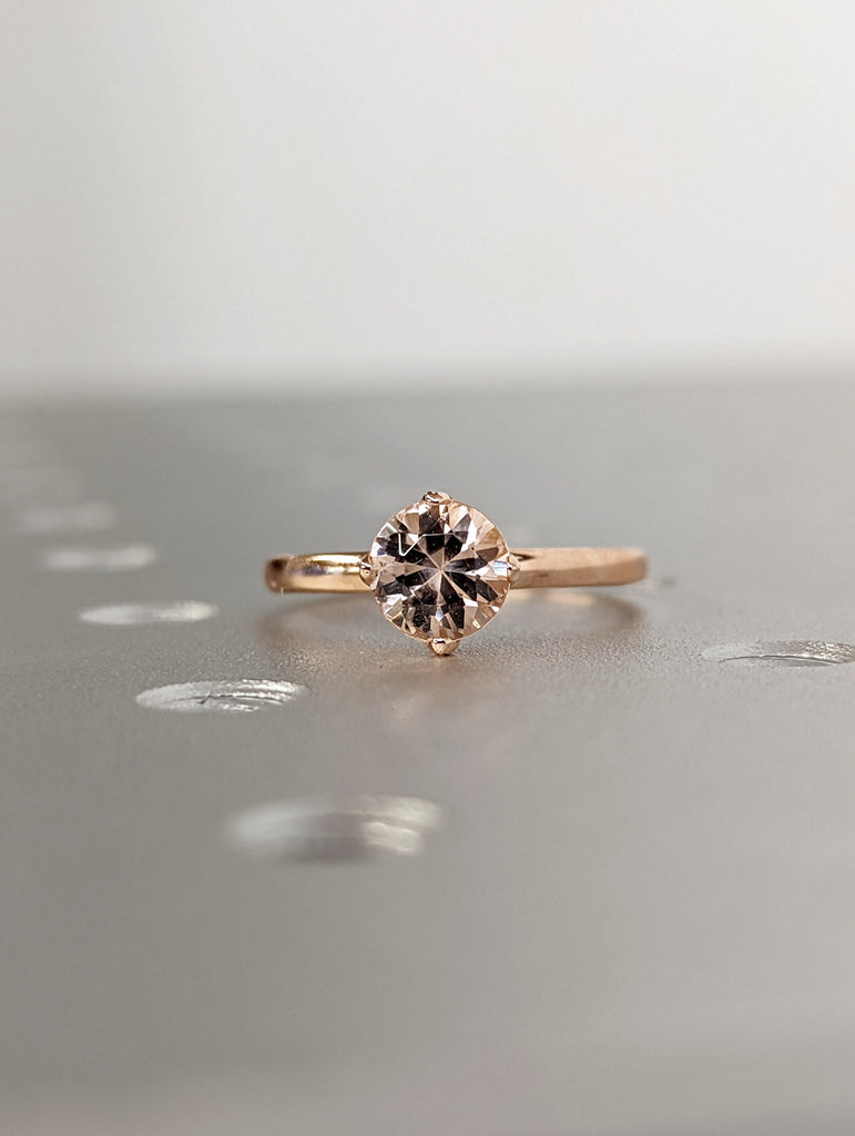 14k Rose Gold Ellis Solitaire, Morganite Diamond Flower Ring, Delicate Band, Tulip Flower Setting, Floral Engagement Ring