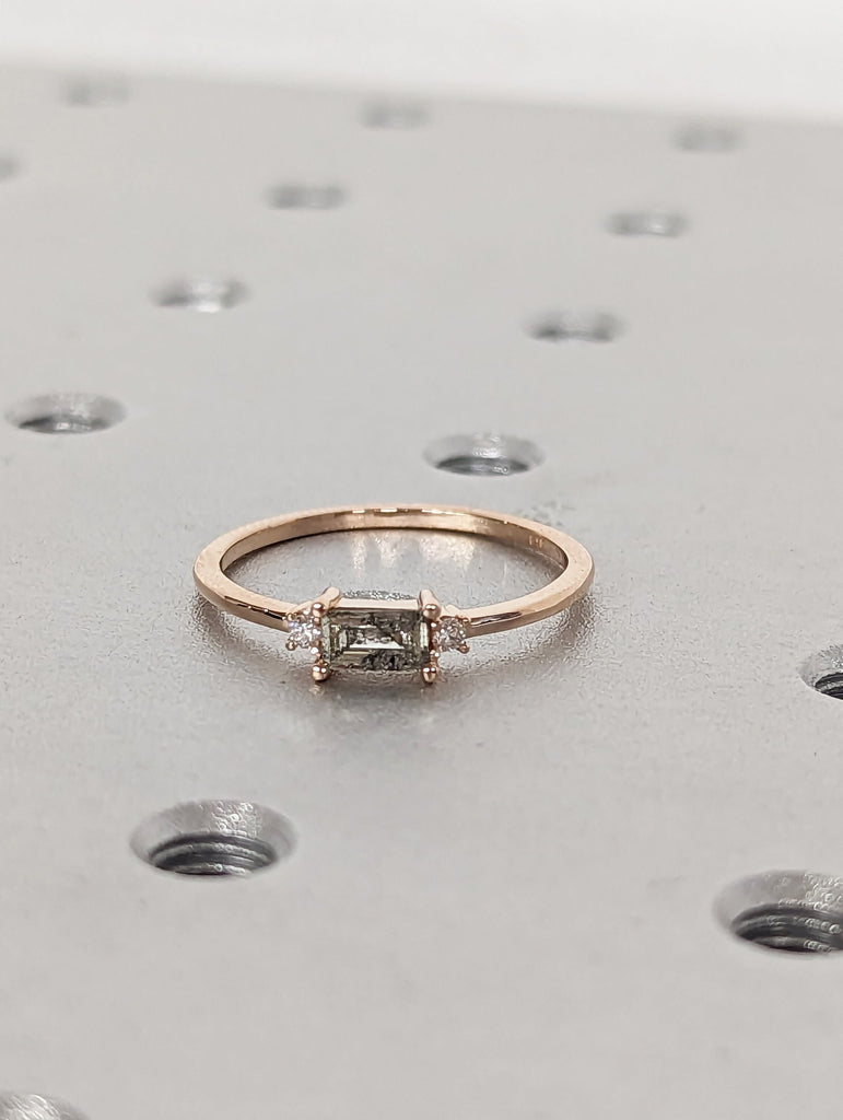 Baguette Emerald Raw Salt and Pepper Diamond Gold Engagement Ring Art Deco 1920's Inspired Thin Petite Band 14k Unique Ring for Her