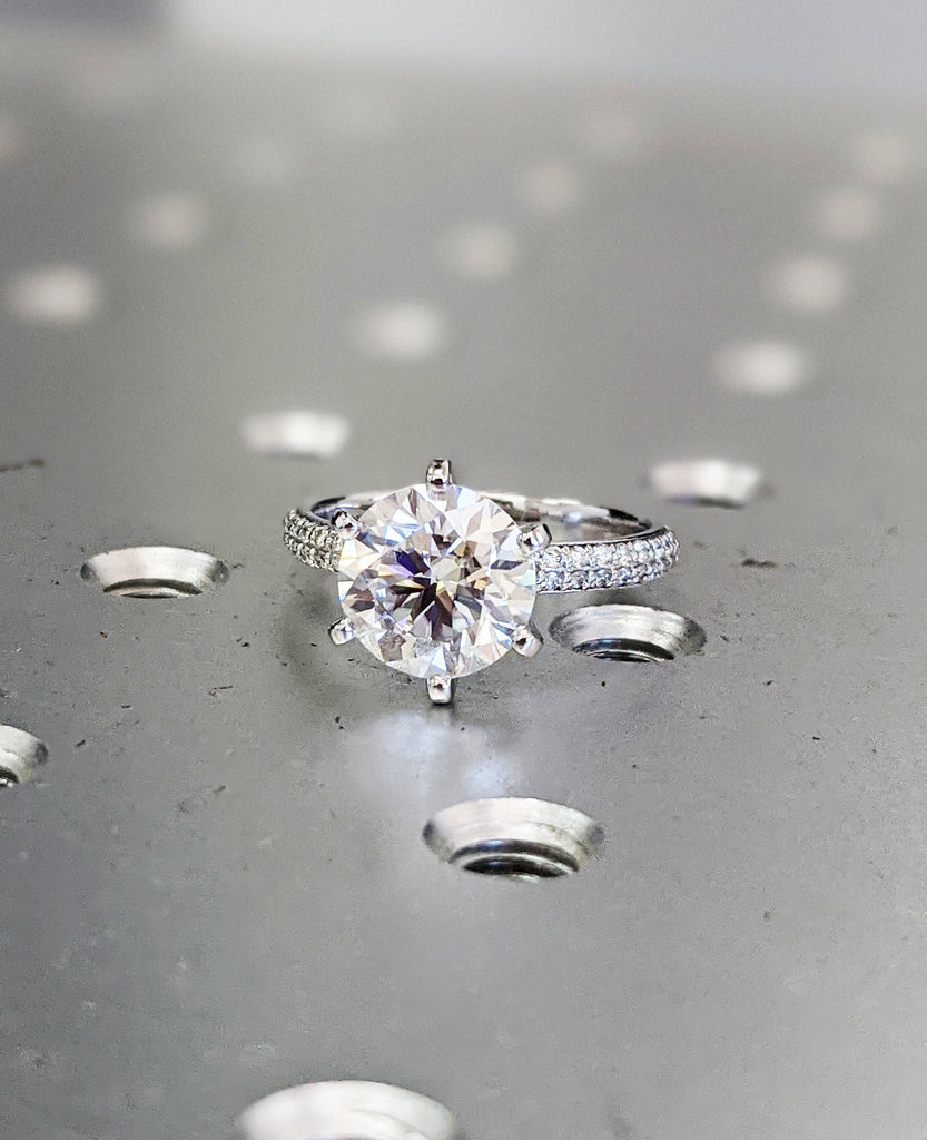 White Gold Micro Pave Moissanite Engagement Ring (1/4 Ct. Tw.) Double Pave, Micro Pave, Rounded Band, Tia