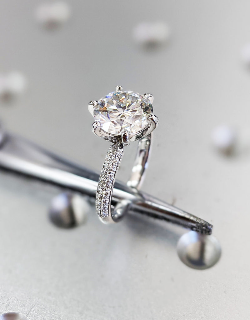 White Gold Micro Pave Moissanite Engagement Ring (1/4 Ct. Tw.) Double Pave, Micro Pave, Rounded Band, Tia