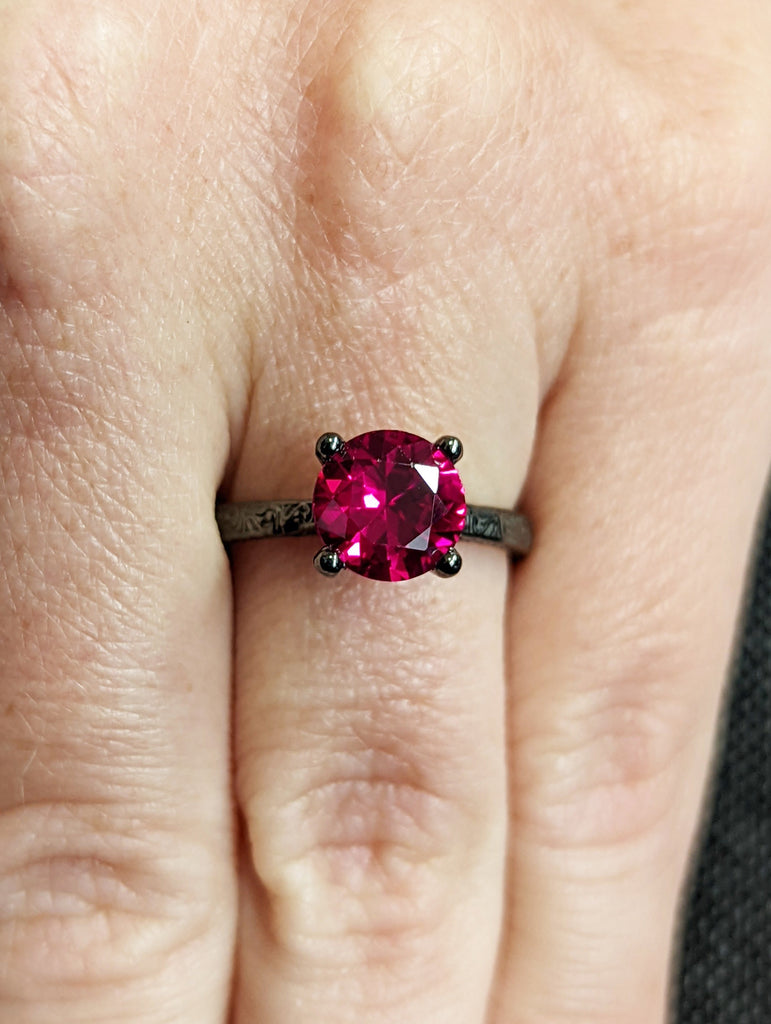 8mm Vintage Ruby Engagement Ring 14k black gold hand engraved ruby ring, cathedral setting, high profile prongs, hand engraving, minimalist