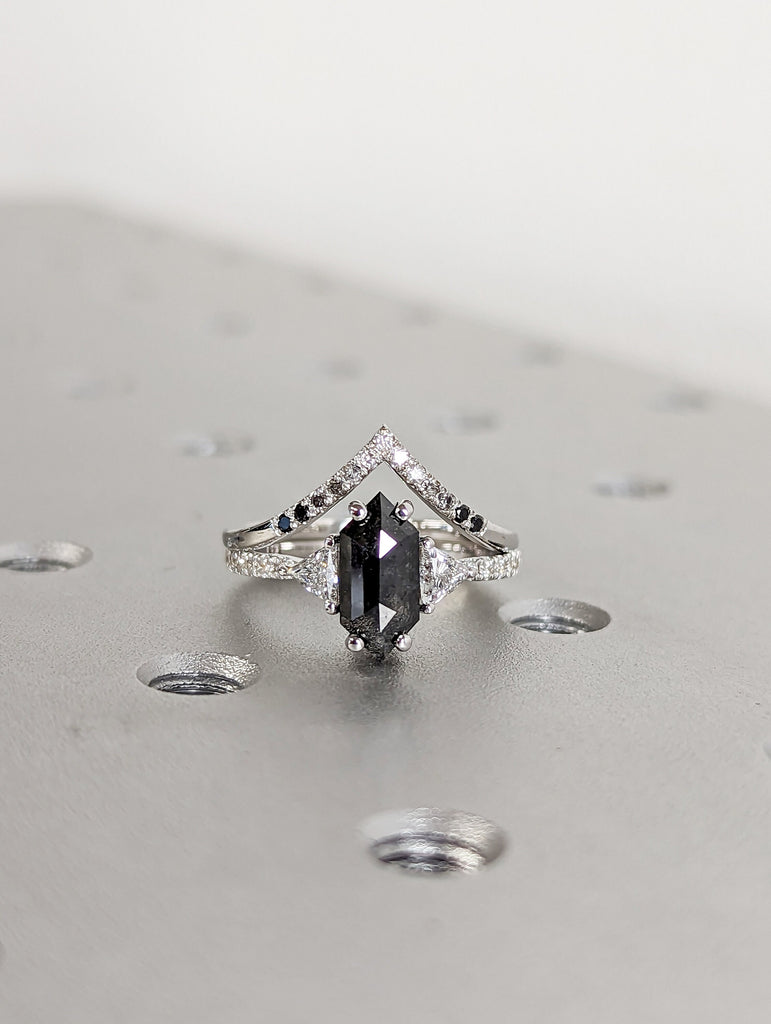 Galaxy Raw Diamond Hexagon Triangle Diamond, Salt and Pepper, Unique Bridal Engagement Set, Rose Cut Geometric Diamond Ring, 14k white gold