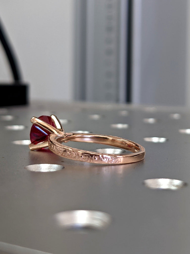 Vintage Ruby Engagement Ring 14k rose gold hand engraved ruby ring, cathedral setting, high profile prongs, hand engraving Everleigh