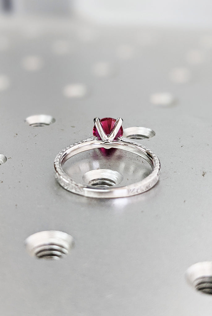 Vintage Ruby Engagement Ring 14k white gold hand engraved ruby ring, cathedral setting, high profile prongs, hand engraving Everleigh