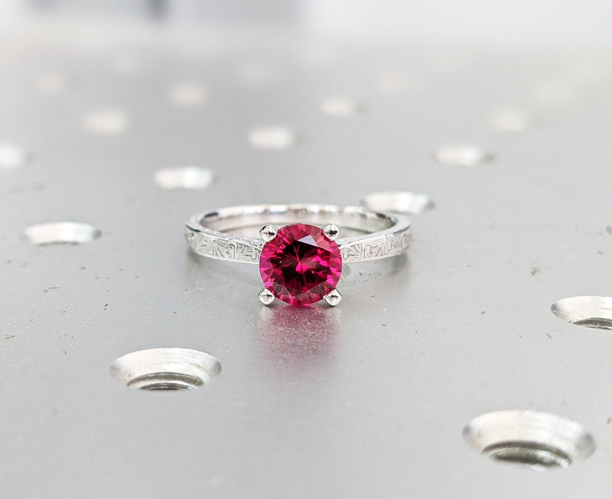 Vintage Ruby Engagement Ring 14k white gold hand engraved ruby ring, c ...