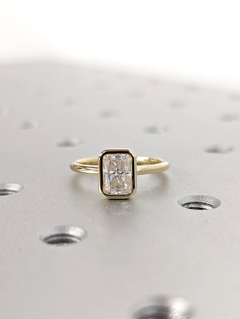 1CT Radiant Cut Moissanite Solitaire Ring, 14K Yellow Gold Engagement Ring, Bezel Setting, Statement Ring, Gift For Her, Anniversary Ring