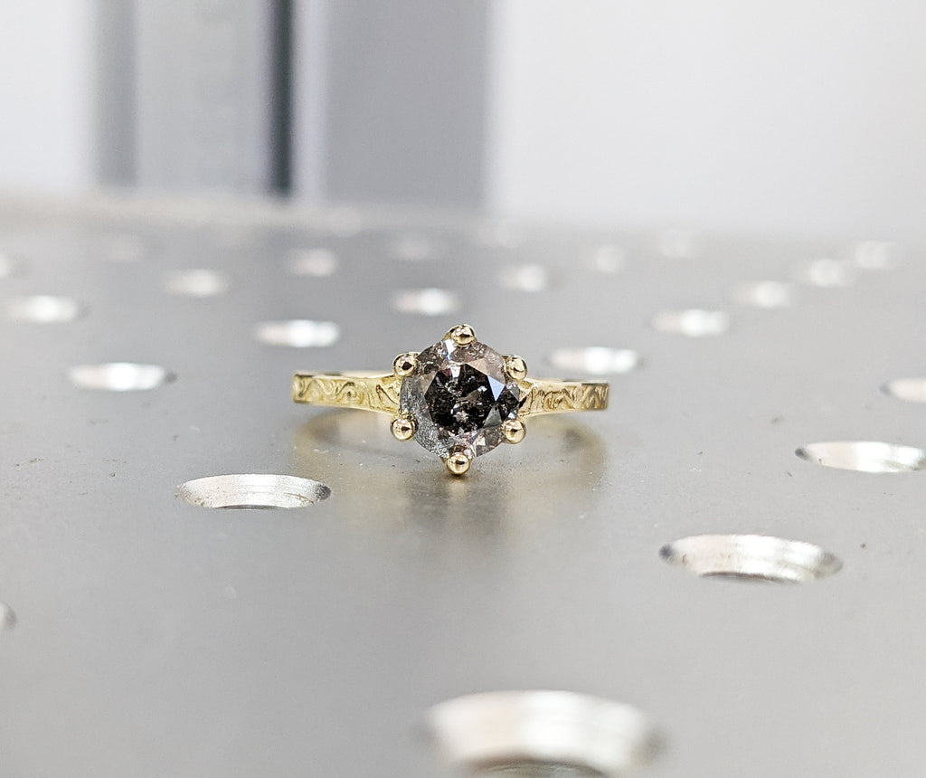 Light Raw Salt and Pepper Diamond Rose /White /Yellow Gold Engagement Ring Art Deco 1920's Inspired Thin Petite Band 18k Unique Ring for Her