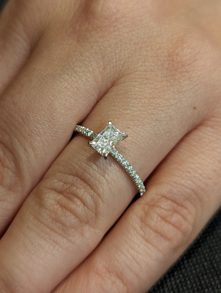 Radiant cut moissanite diamond engagement ring Unique 18k white gold engagement ring solitaire moissanite Bridal ring Anniversary ring gift