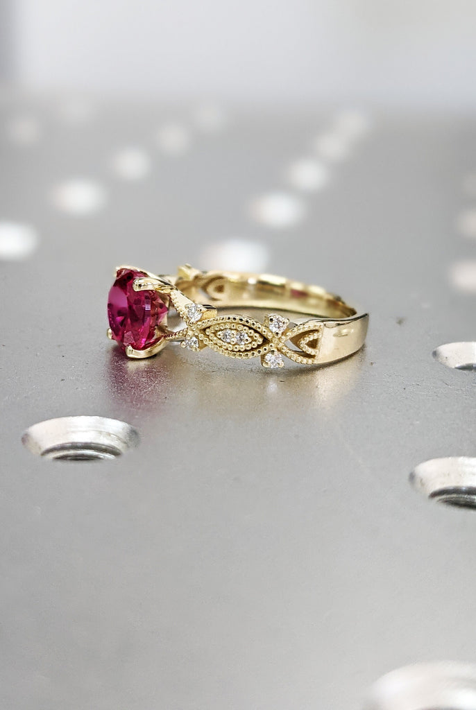 14k yellow gold Everly marquise shaped ruby and diamond ring (1/9 ct. tw.), marquise shaped , antique style , filigree, squared ,milgrain