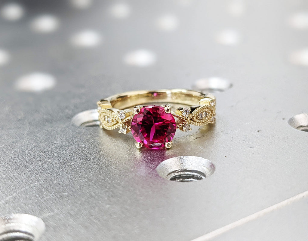 14k yellow gold Everly marquise shaped ruby and diamond ring (1/9 ct. tw.), marquise shaped , antique style , filigree, squared ,milgrain