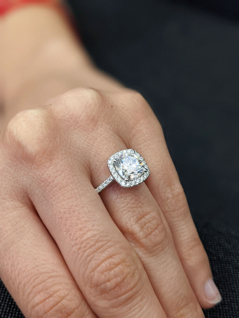 2.5 Carat Cushion Cut Halo Moissanite Engagement Ring 14k White Gold, Genuine ISRAEL Hallmark Wedding Ring Moissanite Halo