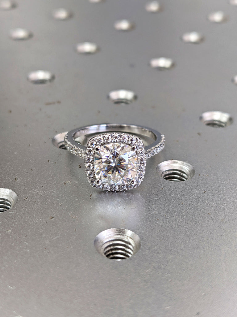 2.5 Carat Cushion Cut Halo Moissanite Engagement Ring 14k White Gold, Genuine ISRAEL Hallmark Wedding Ring Moissanite Halo