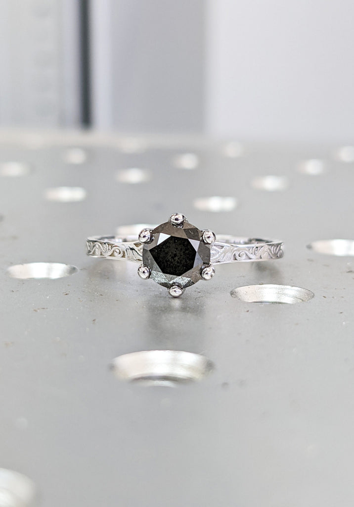 Dark Raw Salt and Pepper Diamond Rose /White /Yellow Gold Engagement Ring Art Deco 1920's Inspired Thin Petite Band 18k Unique Ring for Her