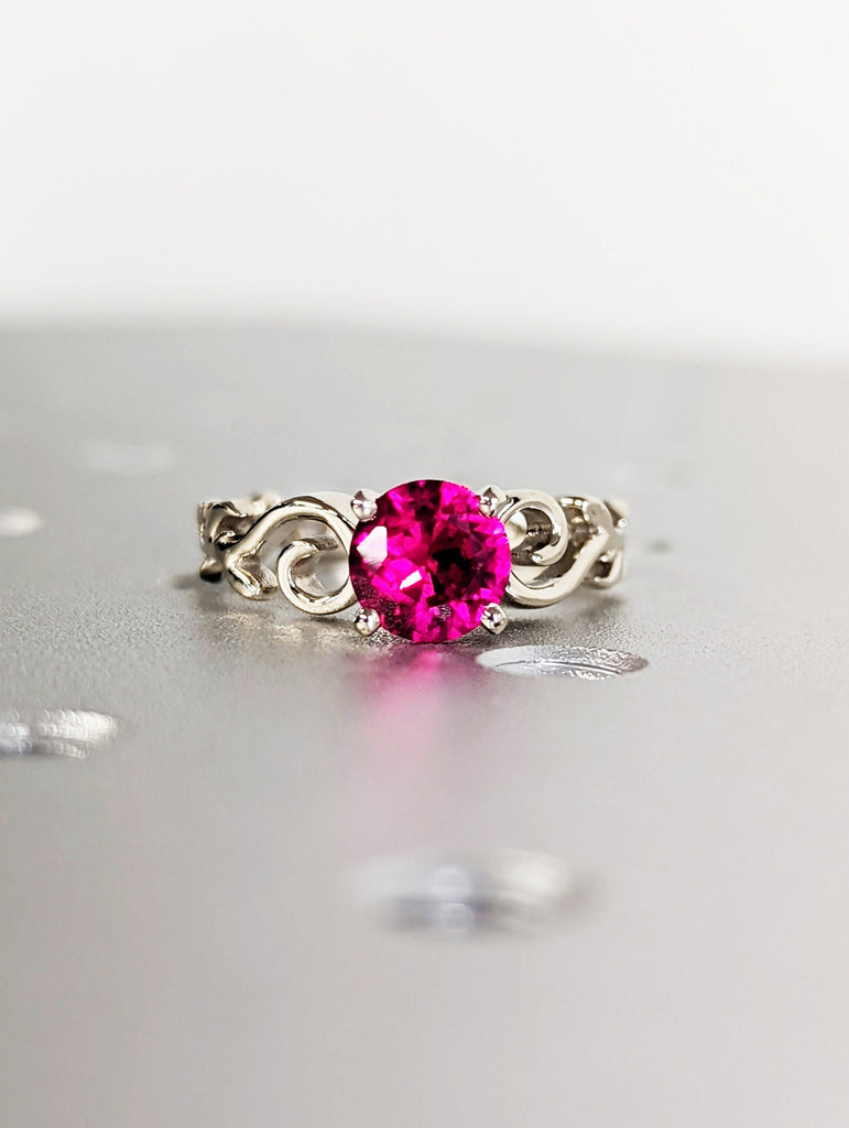 Vintage Ruby engagement ring leaf flower ring alternative ring solid white gold ring art deco promise ring prong set unique anniversary ring