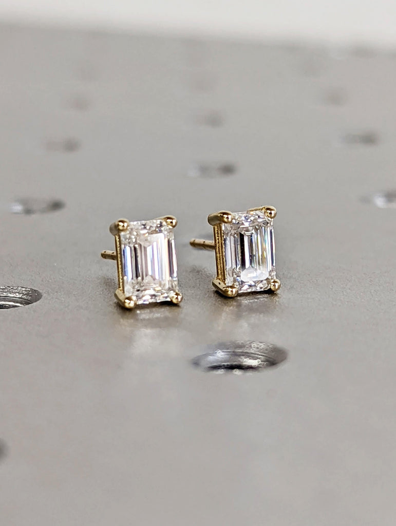 0.5 Carat / 1 TCW Emerald Lab Created Diamond Simulant 14K Solid Yellow Gold Stud Earrings, High Shine, Solitaire Stud Earrings, Minimalist