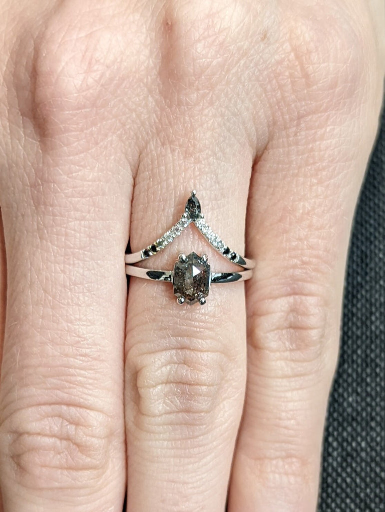 Raw Diamond, Salt and Pepper, Hexagon, Unique Engagement Ring, Rose Cut Geometric Diamond Ring, 14k Gold, Custom Handmade, Bridal Sets, 2pcs