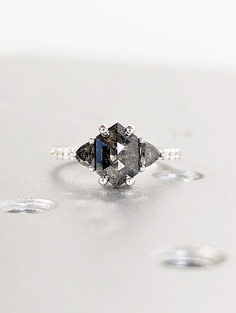 Hexagon Salt and Pepper Ring, hexagon gemstone ring, hexagon engagement ring, salt and pepper ring, hexagon ring, vintage bridal ring set