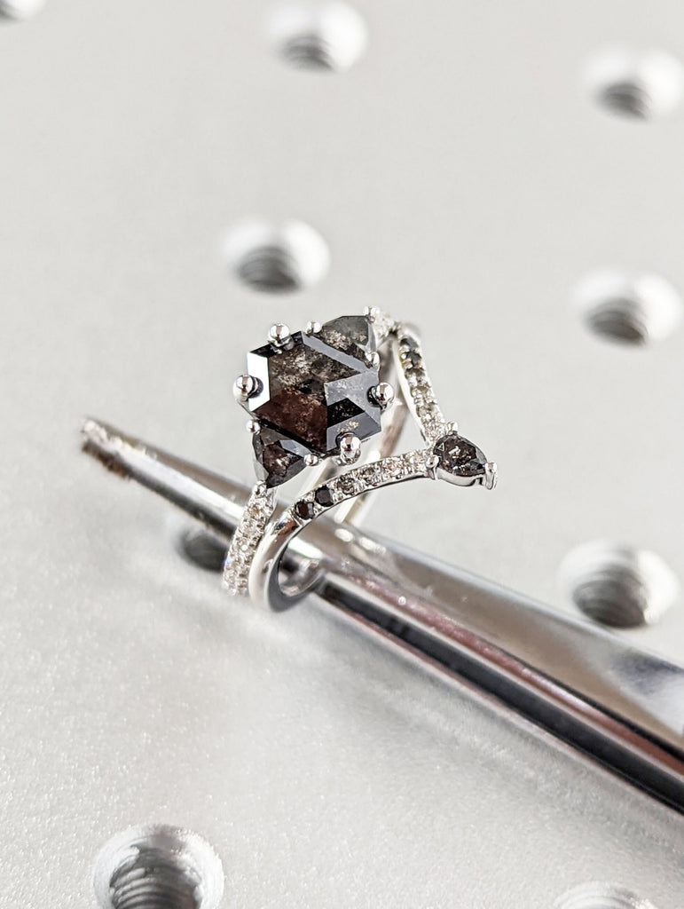 Hexagon Salt and Pepper Ring, hexagon gemstone ring, hexagon engagement ring, salt and pepper ring, hexagon ring, vintage bridal ring set