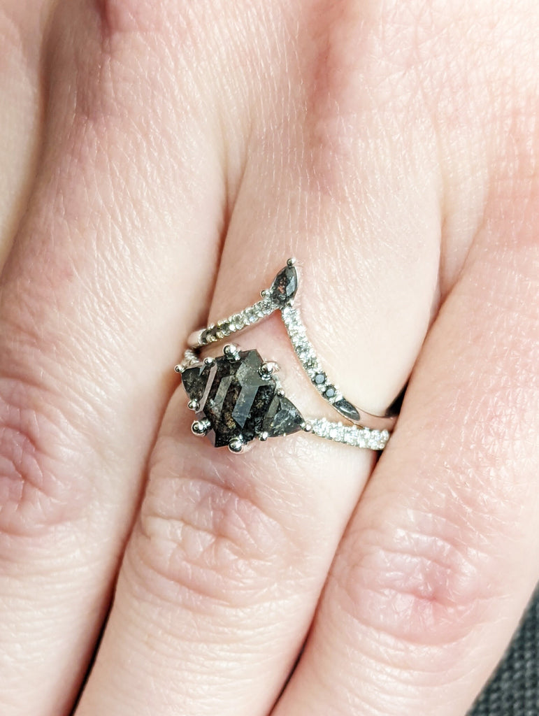 Hexagon Salt and Pepper Ring, hexagon gemstone ring, hexagon engagement ring, salt and pepper ring, hexagon ring, vintage bridal ring set