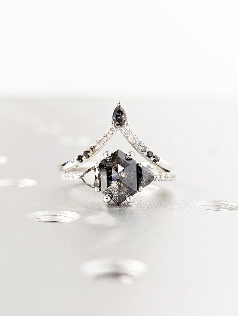 Hexagon Salt and Pepper Ring, hexagon gemstone ring, hexagon engagement ring, salt and pepper ring, hexagon ring, vintage bridal ring set
