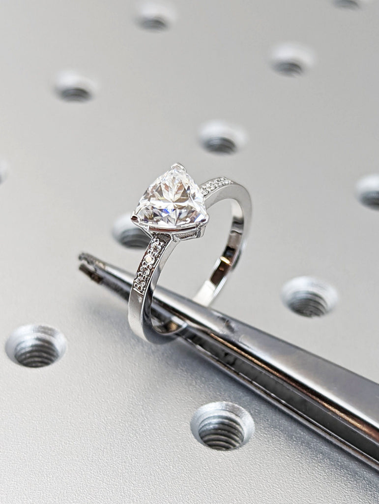 14k White Gold Trillion Cut Solitaire Engagement Ring, Wedding Ring, Bridal Ring, Man Made Diamond Simulant, Lab Created Moissanite, 1.5 ct