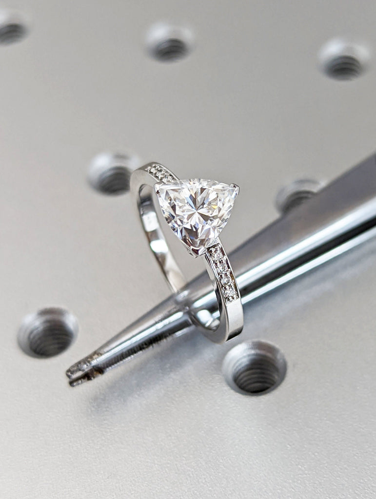 14k White Gold Trillion Cut Solitaire Engagement Ring, Wedding Ring, Bridal Ring, Man Made Diamond Simulant, Lab Created Moissanite, 1.5 ct