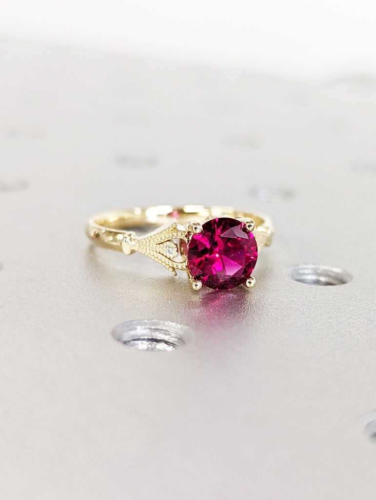 Vintage Ruby Engagement Ring 14k yellow gold, Ruby Engagement Ring, Antique Round cut Bridal ring | Art deco Ring Milgrain wedding ring