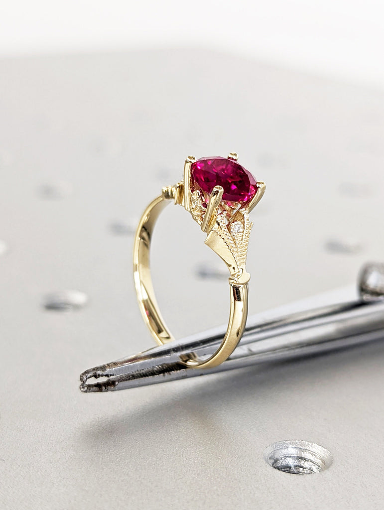 Vintage Ruby Engagement Ring 14k yellow gold, Ruby Engagement Ring, Antique Round cut Bridal ring | Art deco Ring Milgrain wedding ring