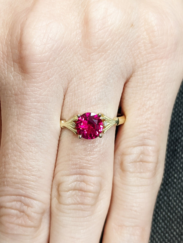 Vintage Ruby Engagement Ring 14k yellow gold, Ruby Engagement Ring, Antique Round cut Bridal ring | Art deco Ring Milgrain wedding ring