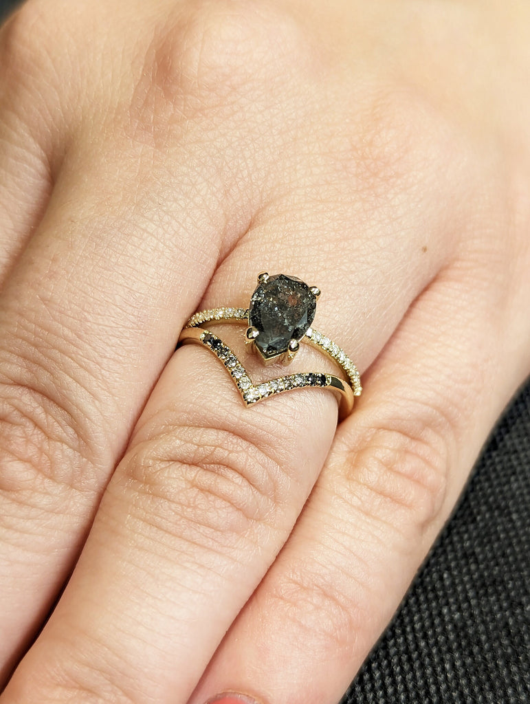 1.5 Carat 1920's Raw Salt and Pepper Diamond, Pear Diamond Ring, Unique Engagement Bridal Set, Black, Gray Pear, 14k Yellow, Rose White Gold