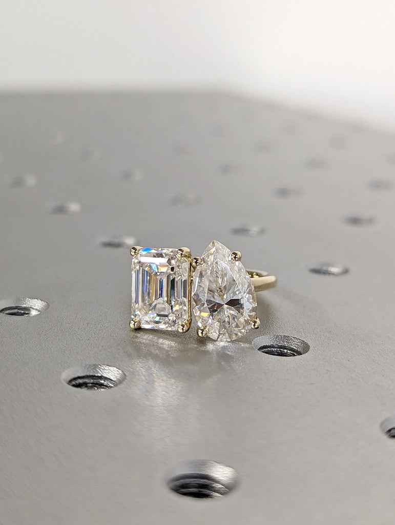 3 Carat Double Stone Engagement Ring Pear Cut and Emerald Cut Moissanite Two Stone Wedding Ring 14K White Yellow Rose Gold