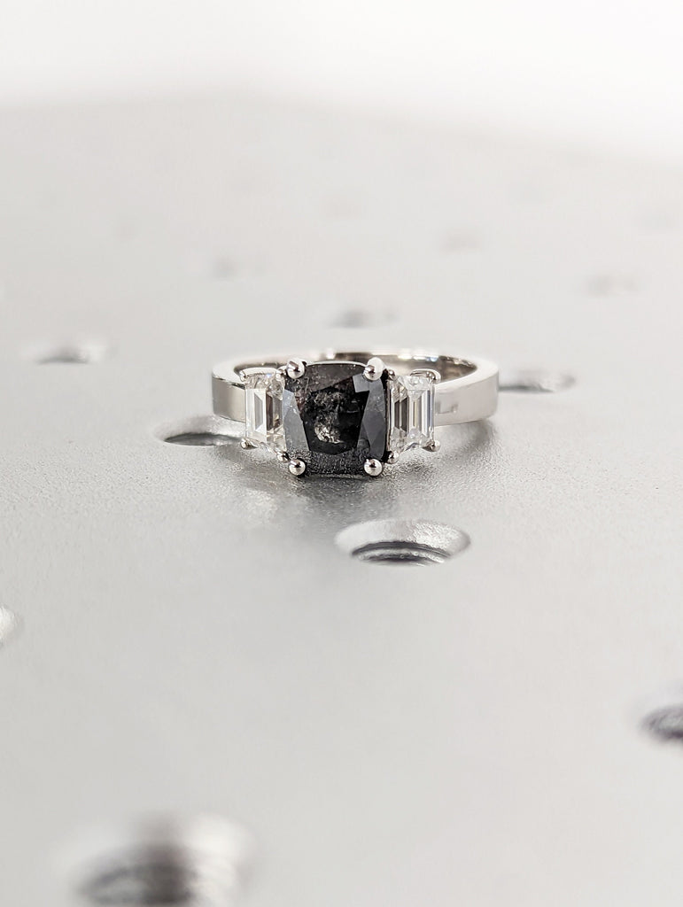 Raw salt and pepper Diamond Engagement Ring, Gold Three Stone cushion cut raw diamond, salt and pepper diamond engagement ring, trinity ring