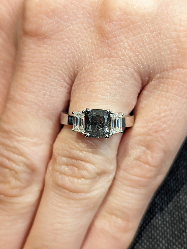 Raw salt and pepper Diamond Engagement Ring, Gold Three Stone cushion cut raw diamond, salt and pepper diamond engagement ring, trinity ring