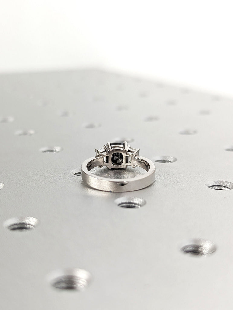 Raw salt and pepper Diamond Engagement Ring, Gold Three Stone cushion cut raw diamond, salt and pepper diamond engagement ring, trinity ring