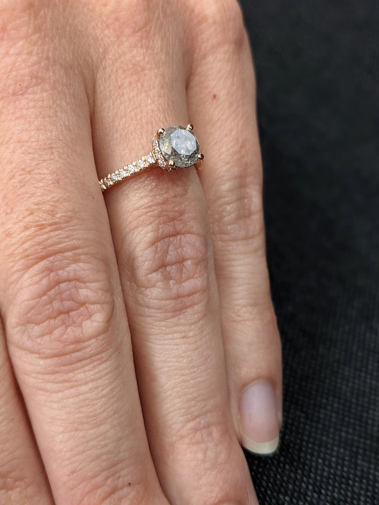Salt and pepper engagement ring round cut vintage engagement ring prong set ring diamond ring rose gold anniversary ring