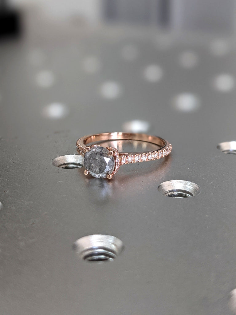 Salt and pepper engagement ring round cut vintage engagement ring prong set ring diamond ring rose gold anniversary ring