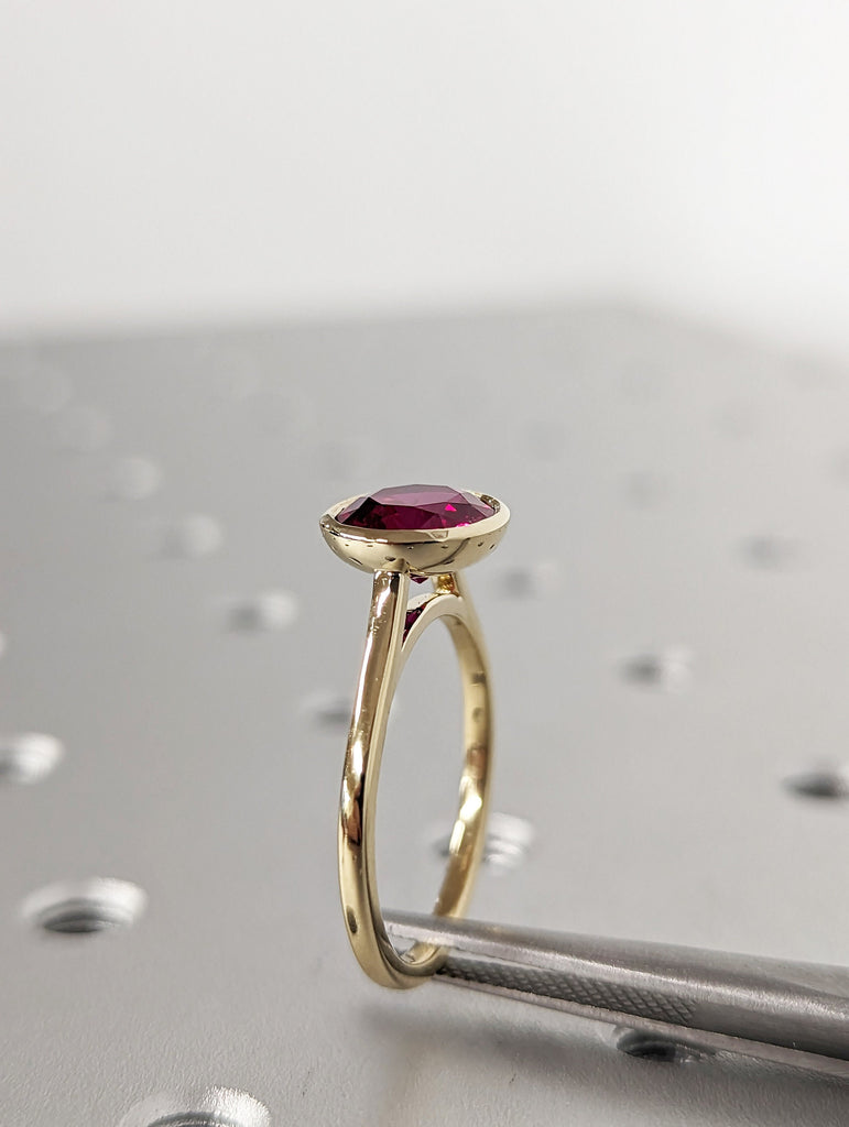 14k rose gold floating bezel ruby ring, ruby engagement ring, ruby solitaire ring, unique ruby ring, floating bezel, rounded band