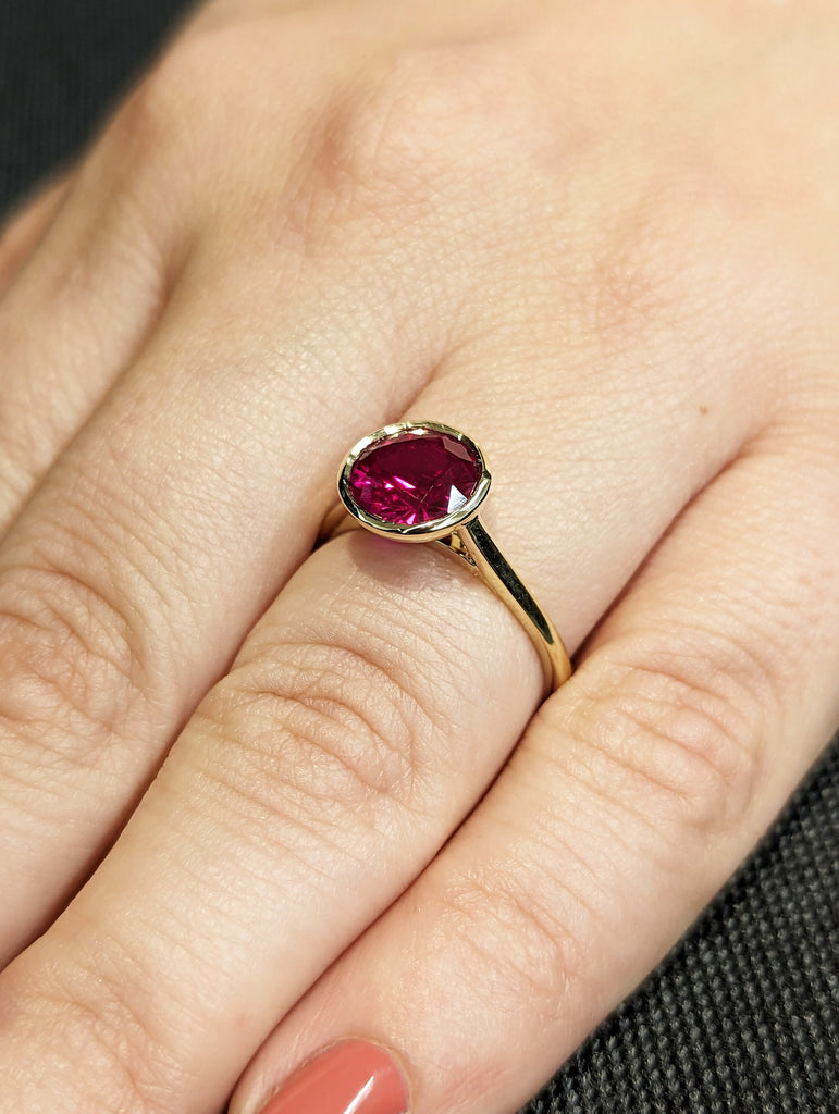 14k rose gold floating bezel ruby ring, ruby engagement ring, ruby solitaire ring, unique ruby ring, floating bezel, rounded band